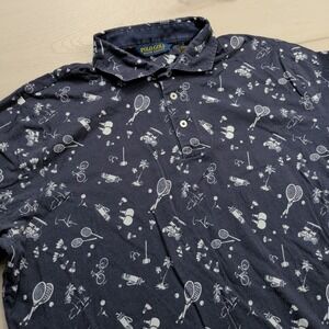 Polo Golf‎ Ralph Lauren Polo Shirt Mens Large Navy Blue Sports Print Cotton